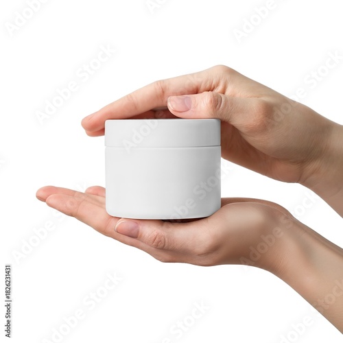 White Cosmetic Jar Held in Female Hands