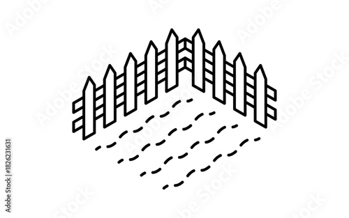 Real Estate Purchase: Simple Line Drawing Isometric Illustration of Fenced-Off Farmland (Field), black and white