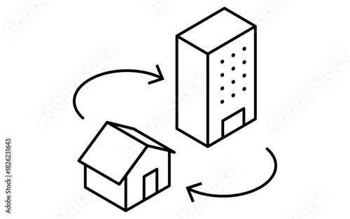 Simple line-drawn isometric illustration depicting the concept of moving from a single-family home to a condominium when purchasing real estate, black and white