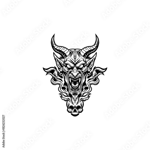 black and white devil logo illustration