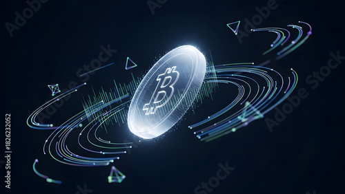Digital Bitcoin Coin Surrounded by Swirling Lines and Geometric Shapes