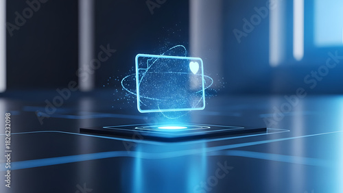 Futuristic Digital Credit Card with Heart Symbol in Abstract Space
