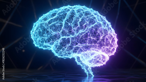Futuristic Brain Concept with Neon Lights and Digital Connections