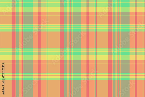 Tweed tartan textile background, individuality plaid check fabric. Blanket seamless pattern vector texture in green and orange colors.