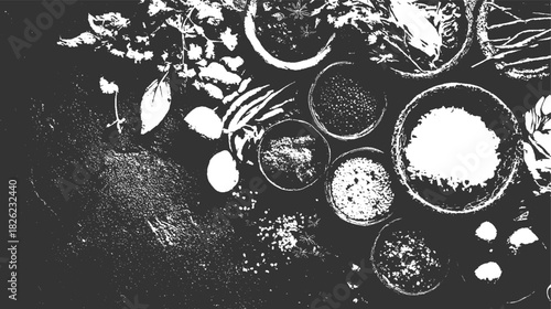 Overhead view of various spices and herbs in bowls and scattered on dark surface vector