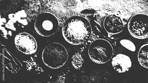 Black and white overhead view of various food ingredients in bowls and scattered on a textured surface