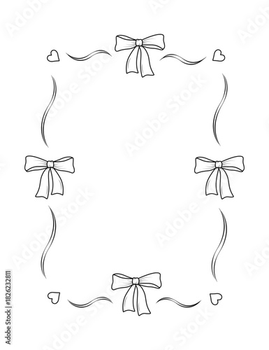 Frame with a bow and a ribbon border. Vintage doodle style decorative ornament. Hand drawn vector illustration on white background.