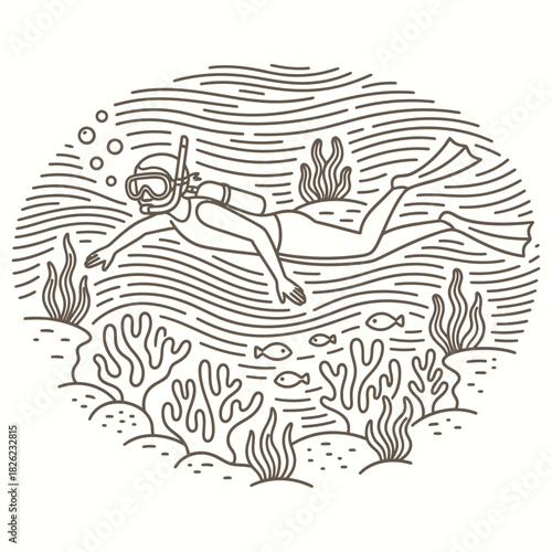 Scuba Diver Exploring Coral Reef Monoline Vector Illustration