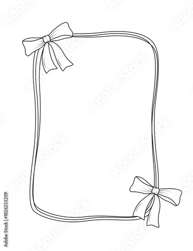 Vintage frame with a bow and a ribbon border. Coquette decorative ornament hand drawn. Vector illustration on isolated white background.