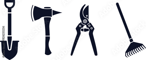 Silhouettes of Shovel Axe Secateurs and Rake on White Background pruning shears