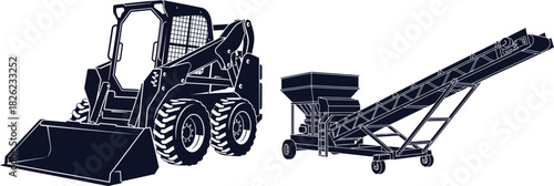 Skid Steer Loader and Conveyor Belt Silhouettes on White Background Keywords: construction, industry, skid steer loader, machine