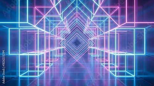 Fototapeta Naklejka Na Ścianę i Meble -  Futuristic tunnel of glowing neon cubes converging to a vanishing point. Immersive digital perspective ideal for tech, VR, UI design and metaverse concepts.