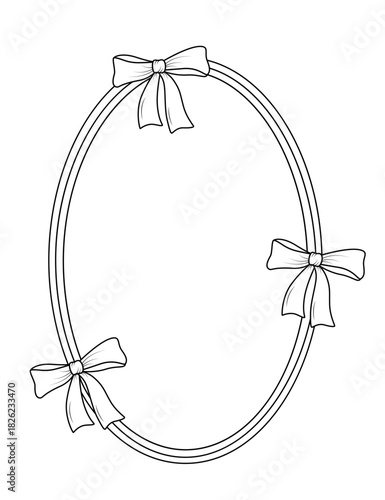 Vintage frame with a bow and a ribbon border. Doodle coquette style decorative ornament. Hand drawn vector illustration on white background.