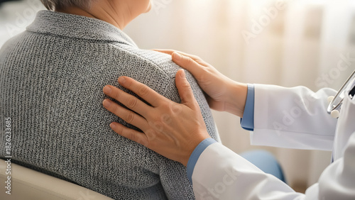 Doctor reassuring senior patient with pharmaceuticals consultation in clinic