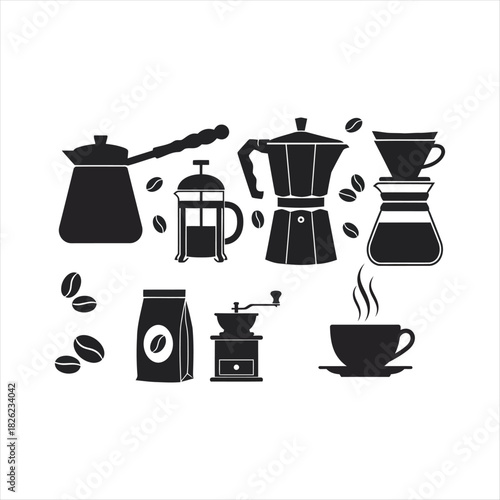 Set of black and white illustrations methods of making coffee