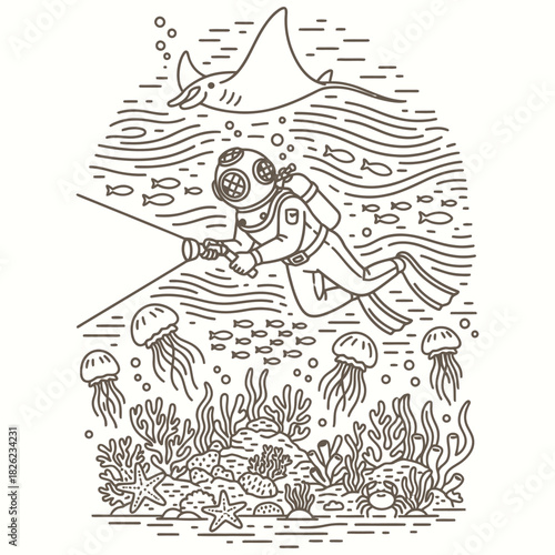 Deep Sea Diver with Flashlight Exploring Ocean Floor Monoline Vector