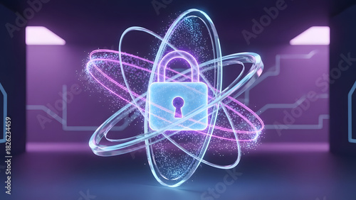 Digital Lock Concept with Bright Vibrant Neon Elements in Space