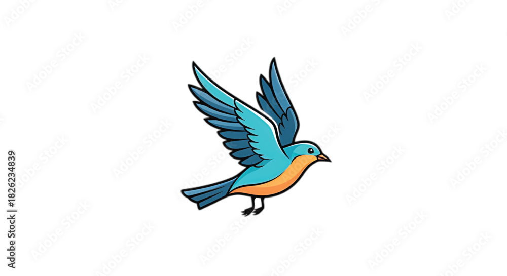 Fototapeta premium A vibrant blue bird with orange accents takes flight against a clean white background.