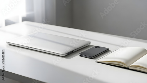 Modern Workspace with Laptop, Smartphone, and Notebook on Table