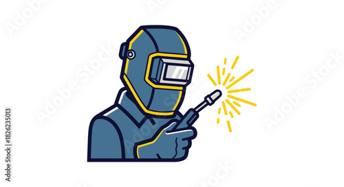 Professional Welder with Welding Torch and Sparks Sticker Style Illustration