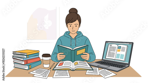 Woman studying with books and laptop at desk near window, vector illustration