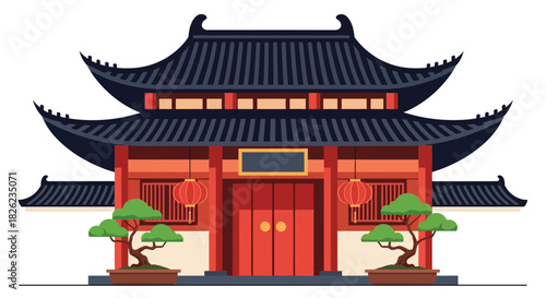 Traditional Chinese temple building with red doors, lanterns, and bonsai trees.