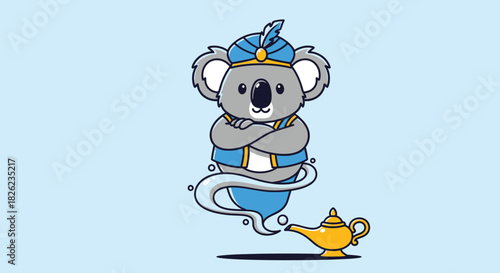 A cartoon illustration of a koala dressed as a genie, emerging from a lamp.