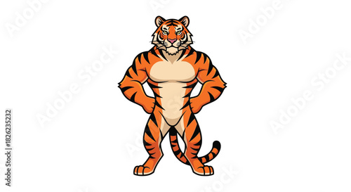 Cartoon tiger with muscular build standing with hands on hips.