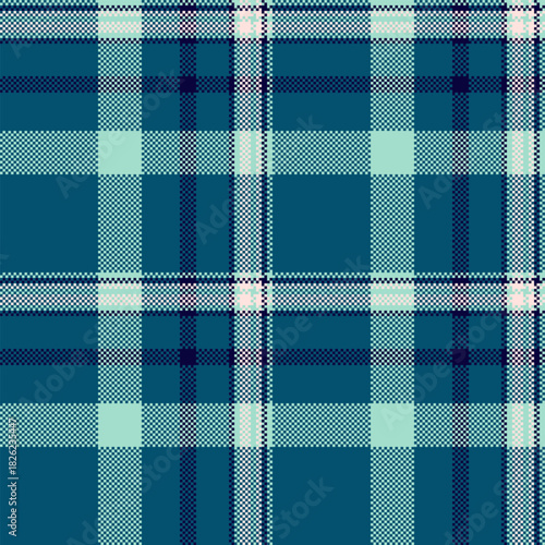 Classic pixelated tartan pattern in cool, calming blues. Perfect for backgrounds, textiles, or adding a retro touch. Evokes comfort and tradition.