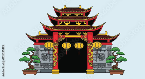 A detailed illustration of a traditional Chinese gate with multiple tiers and lanterns.