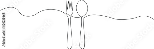 Elegant one-line drawing of a fork and spoon for modern minimalist kitchen decor or restaurant branding, conveying simplicity and clean eating, perfect for food blogs or culinary art projects