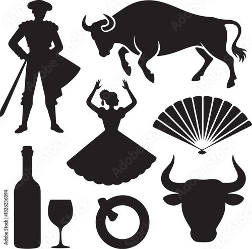 Spanish culture elements silhouette composition including bullfighter bull dancer and wine