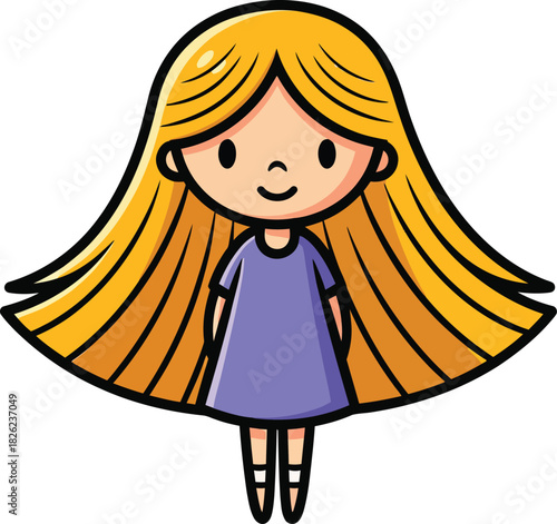 Cute cartoon girl with long bellshaped blonde hair wearing a simple purple dress.