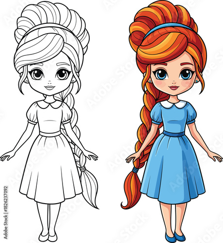 Cute cartoon girl with a long red braid and blue dress shown in both colored and line art versions.