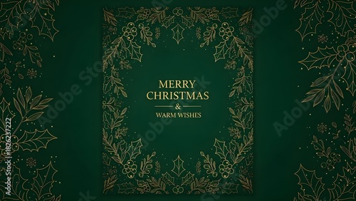 Emerald green background features gold floral lines. Presents Christmas card or invite mockup.