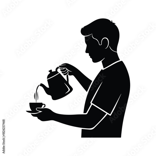 Person is pouring liquid from kettle into mug silhouette black and white vector illustration design