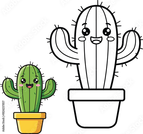 Cute smiling cartoon cactus in a pot shown in full color and as a black and white coloring page outline.