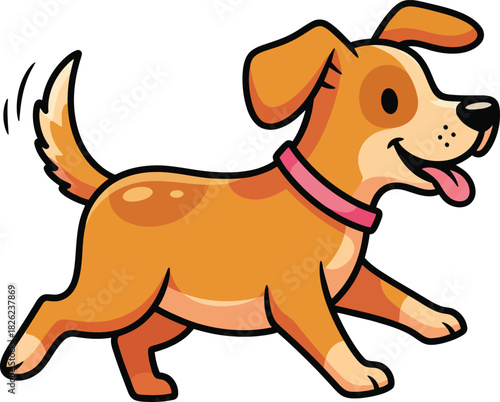 Happy brown cartoon dog with a pink collar wagging its tail while walking.