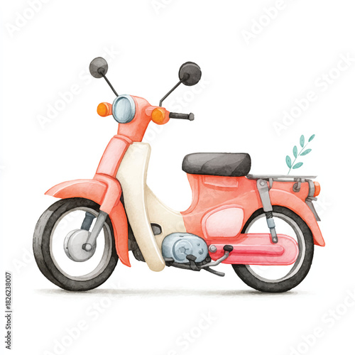 Cute Pink Vintage Scooter Watercolor Illustration