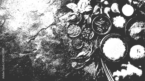 Black and white textured background with overhead view of small bowls filled with grains herbs and spices