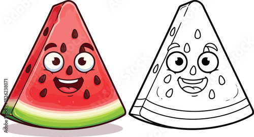 Happy cartoon watermelon slice character with a smiling face shown in both full color and black and white line art for coloring.