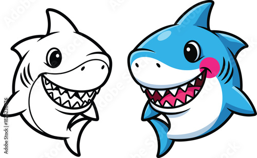 Smiling Cartoon Shark Character in Full Color and Black and White Line Art Version.