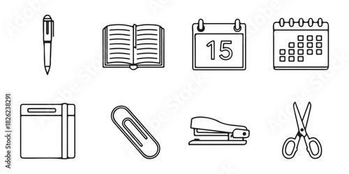 Office stationery outline icons set pen book calendar paper clip stapler and scissors