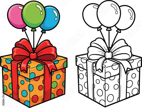 Vibrant cartoon gift box with a big red bow and balloons shown in color and as a black and white outline.
