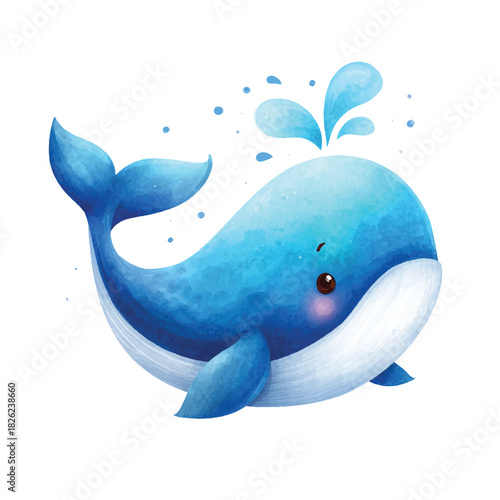 Cute Watercolor Blue Whale Illustration Spouting Water