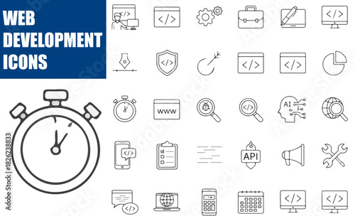Web Development & Programming Code Web Icon Set in Modern Line Style. A Linear Icon Collection for API Integration, App Coding, Bug Fixing, Node Connections, and Developer Tools. Editable Stroke Vecto