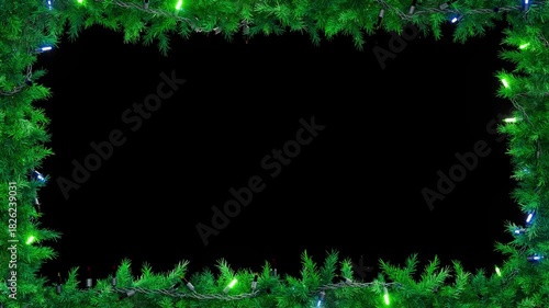 Christmas frame or new year frame with fir or pine leaves and light bulbs blinking with alpha map for compositing. 4K loop animation