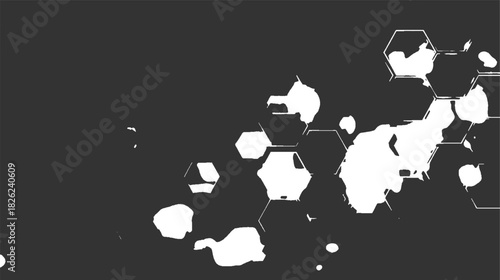 Abstract white irregular shapes and hexagons on dark gray background vector