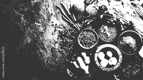 Overhead view of small bowls filled with spices and herbs next to bundled dry plants vector