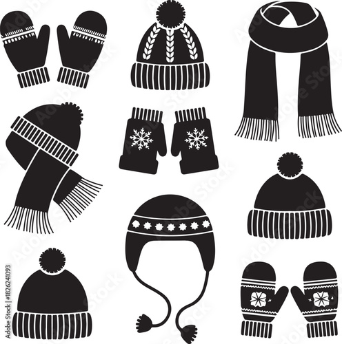 Winter accessory collection with hats scarves and mittens in black silhouette